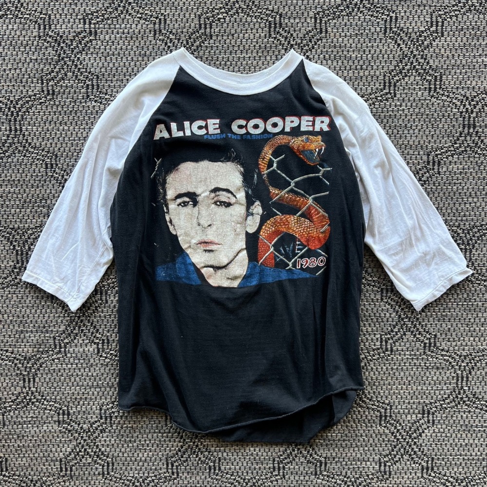 Vintage Alice Cooper Shirt Mens XL Black Flush the Fashion Raglan 80s Lot Boot